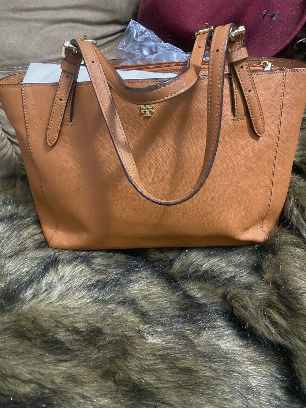 Tory Burch Caramel Leather Saffiano Tote with Gold Logo
